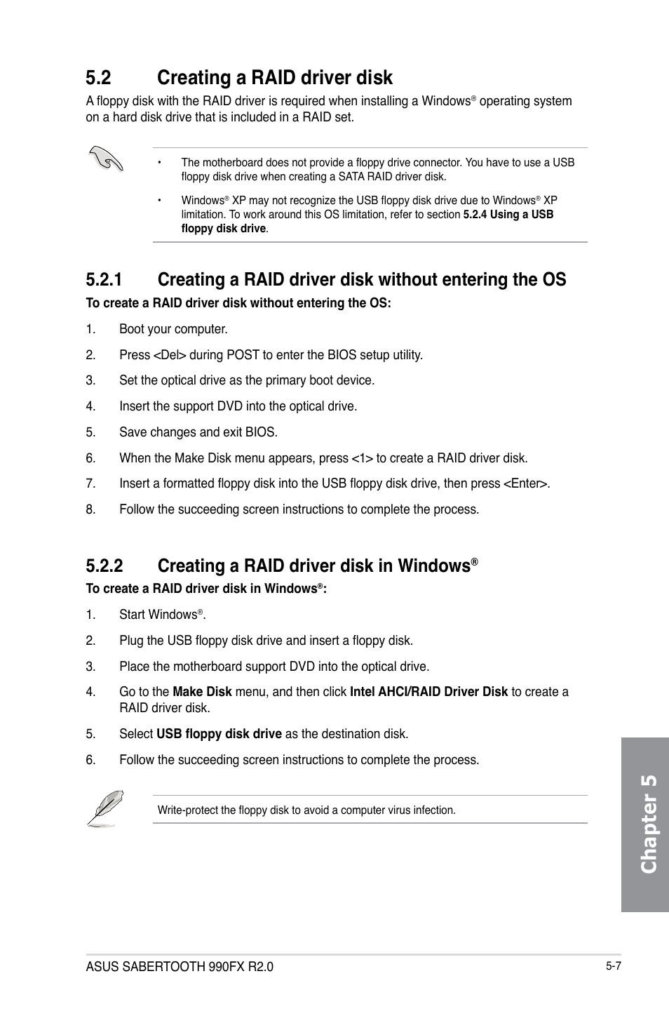 2 creating a raid driver disk, 2 creating a raid driver disk in windows, Creating a raid driver disk -7 5.2.1 | Creating a raid driver disk in windows, Chapter 5 5.2 creating a raid driver disk | Asus SABERTOOTH 990FX R2.0 User Manual | Page 161 / 180