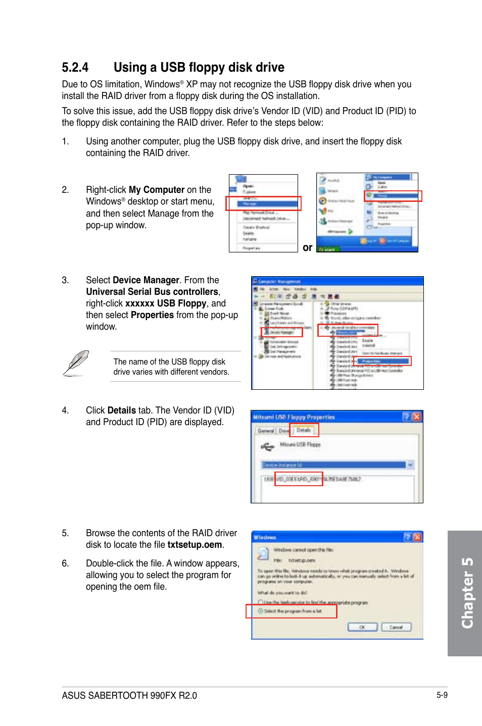 4 using a usb floppy disk drive, Using a usb floppy disk drive -9, Chapter 5 | Asus SABERTOOTH 990FX R2.0 User Manual | Page 163 / 180