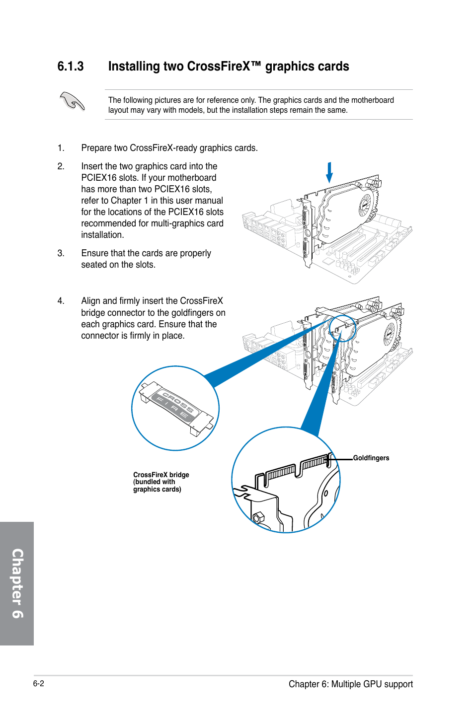 3 installing two crossfirex™ graphics cards, Installing two crossfirex™ graphics cards -2, Chapter 6 | Asus SABERTOOTH 990FX R2.0 User Manual | Page 166 / 180