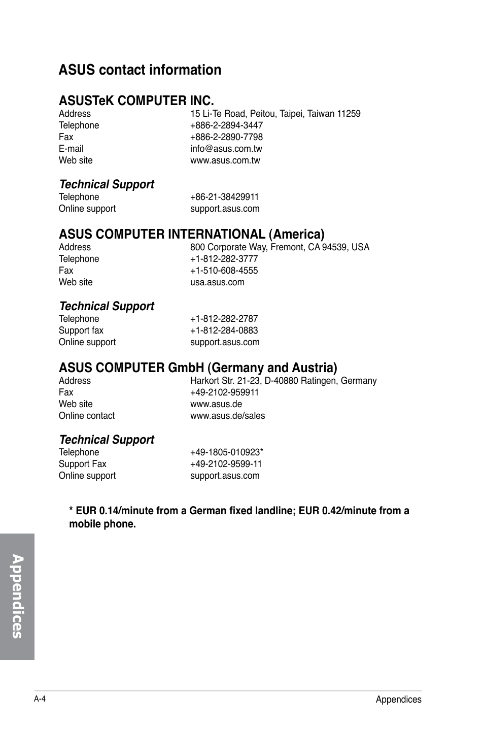 Asus contact information, Appendices asus contact information, Asustek computer inc | Asus computer international (america), Asus computer gmbh (germany and austria), Technical support | Asus SABERTOOTH 990FX R2.0 User Manual | Page 178 / 180
