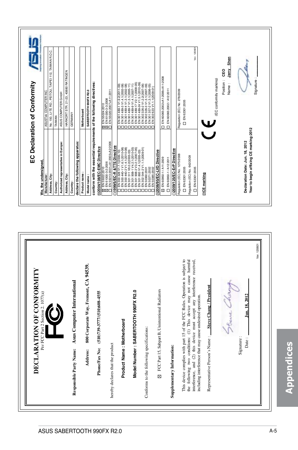 Appendices, Declaration of conformity, Ec declaration of conformity | As us c om pu te r i nt er na tio na l | Asus SABERTOOTH 990FX R2.0 User Manual | Page 179 / 180