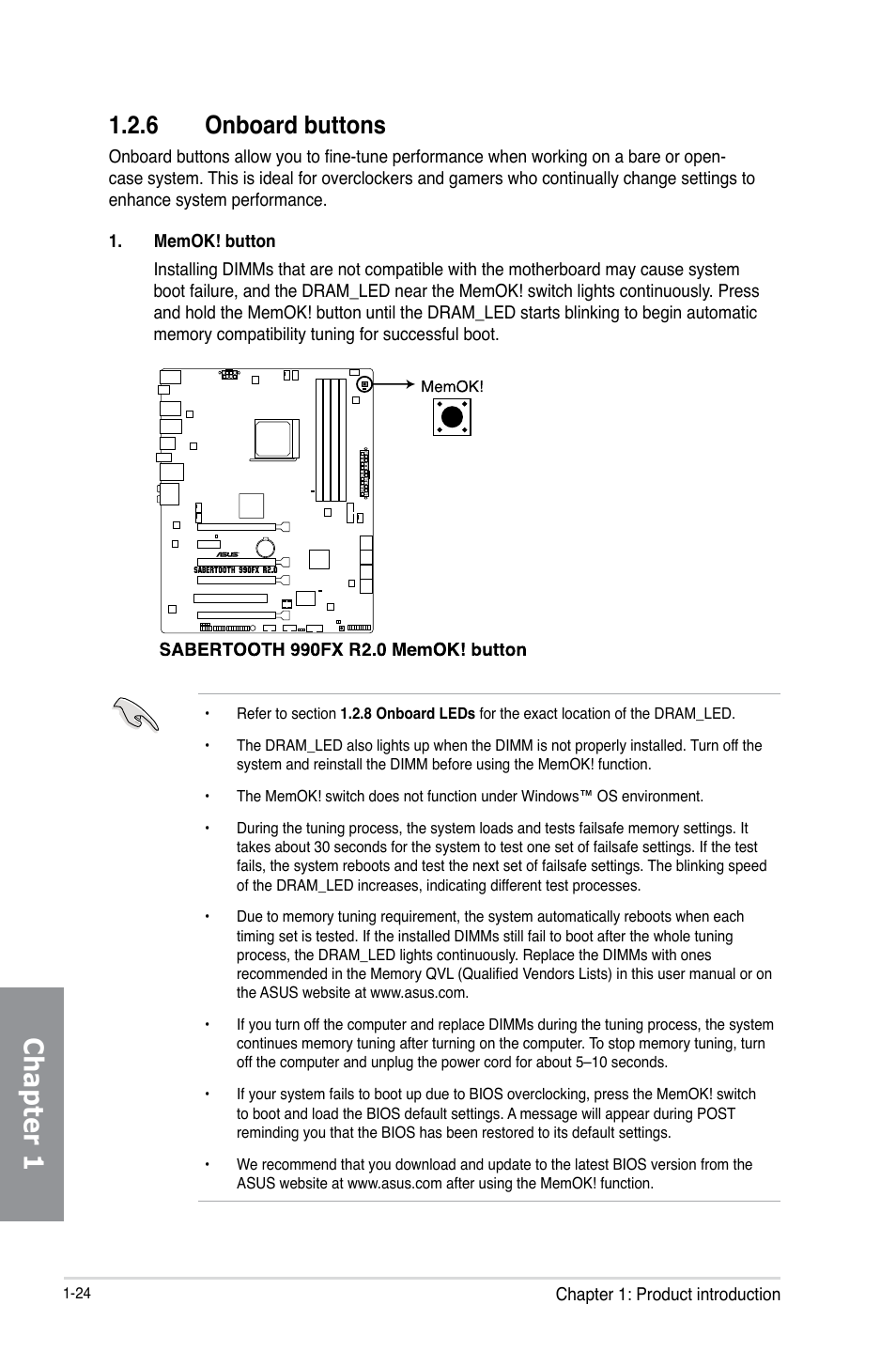 6 onboard buttons, Onboard buttons -24, Chapter 1 | Asus SABERTOOTH 990FX R2.0 User Manual | Page 38 / 180