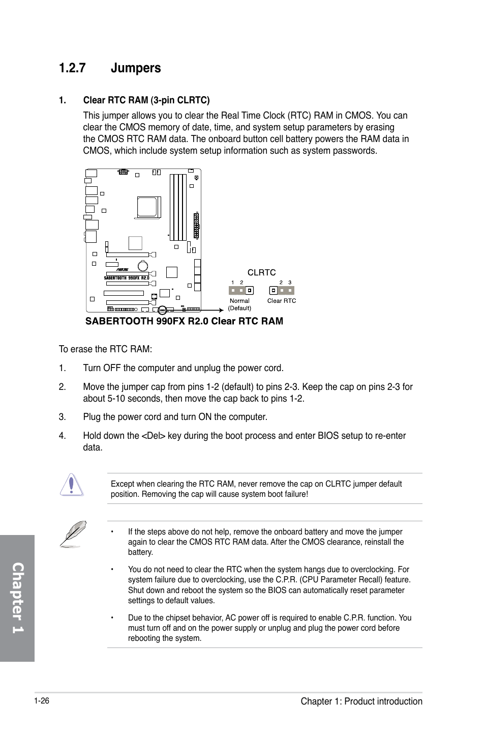 7 jumpers, Jumpers -26, Chapter 1 | Asus SABERTOOTH 990FX R2.0 User Manual | Page 40 / 180