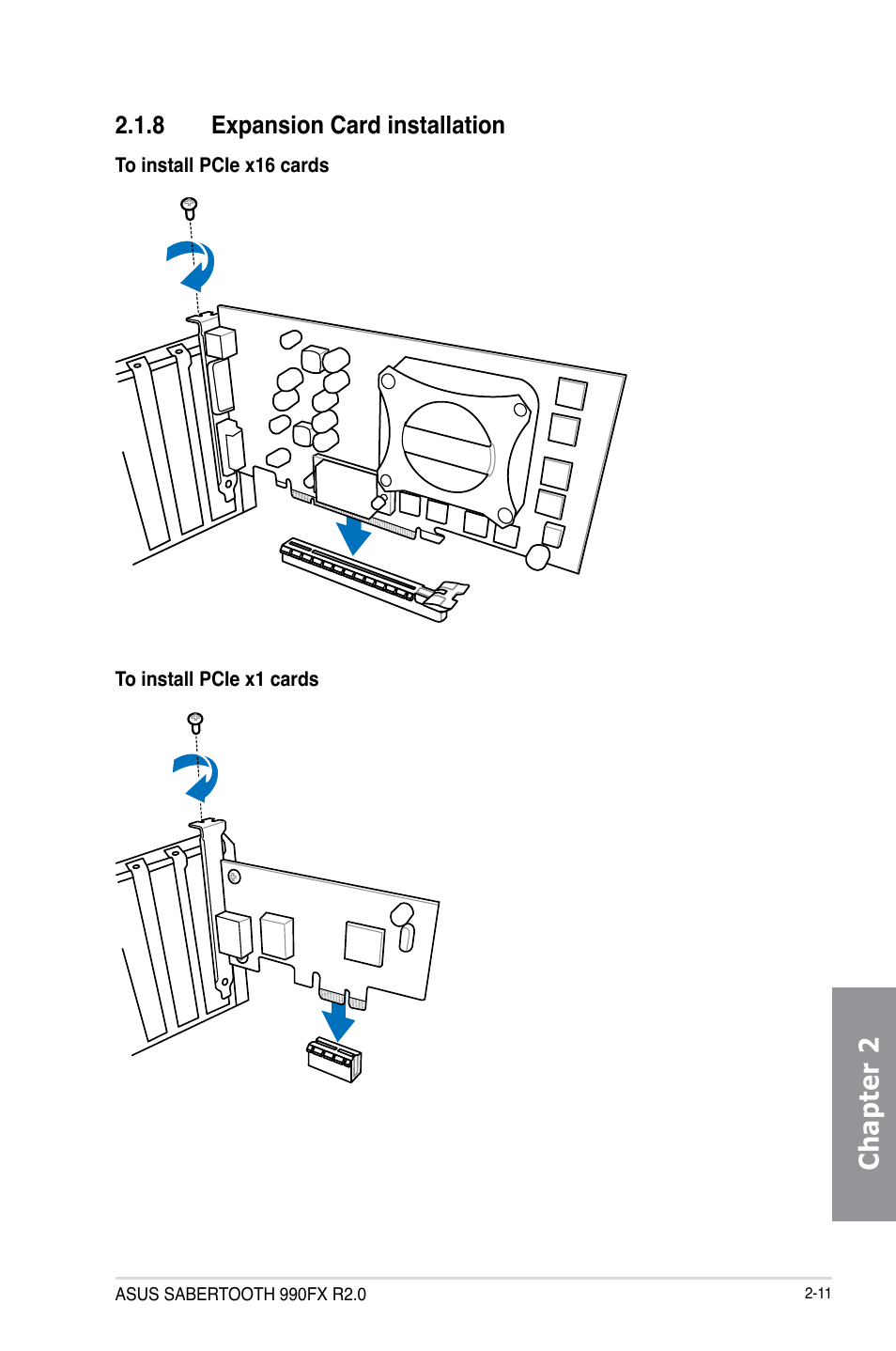 8 expansion card installation, Expansion card installation -11, Chapter 2 | Asus SABERTOOTH 990FX R2.0 User Manual | Page 63 / 180