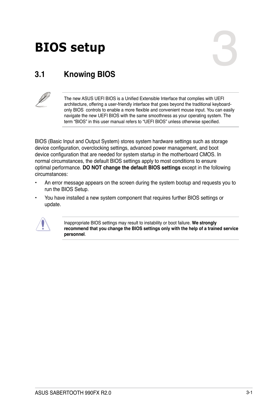 Bios setup, 1 knowing bios, Knowing bios -1 | Asus SABERTOOTH 990FX R2.0 User Manual | Page 71 / 180