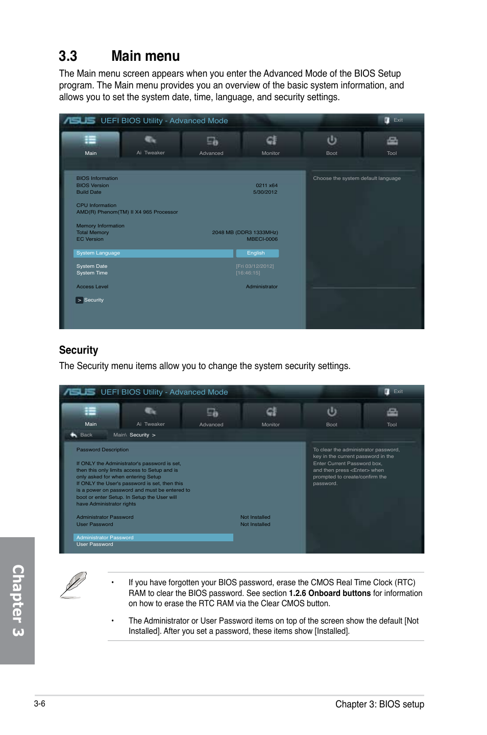 3 main menu, Main menu -6, Chapter 3 3.3 main menu | Security, Chapter 3: bios setup | Asus SABERTOOTH 990FX R2.0 User Manual | Page 76 / 180