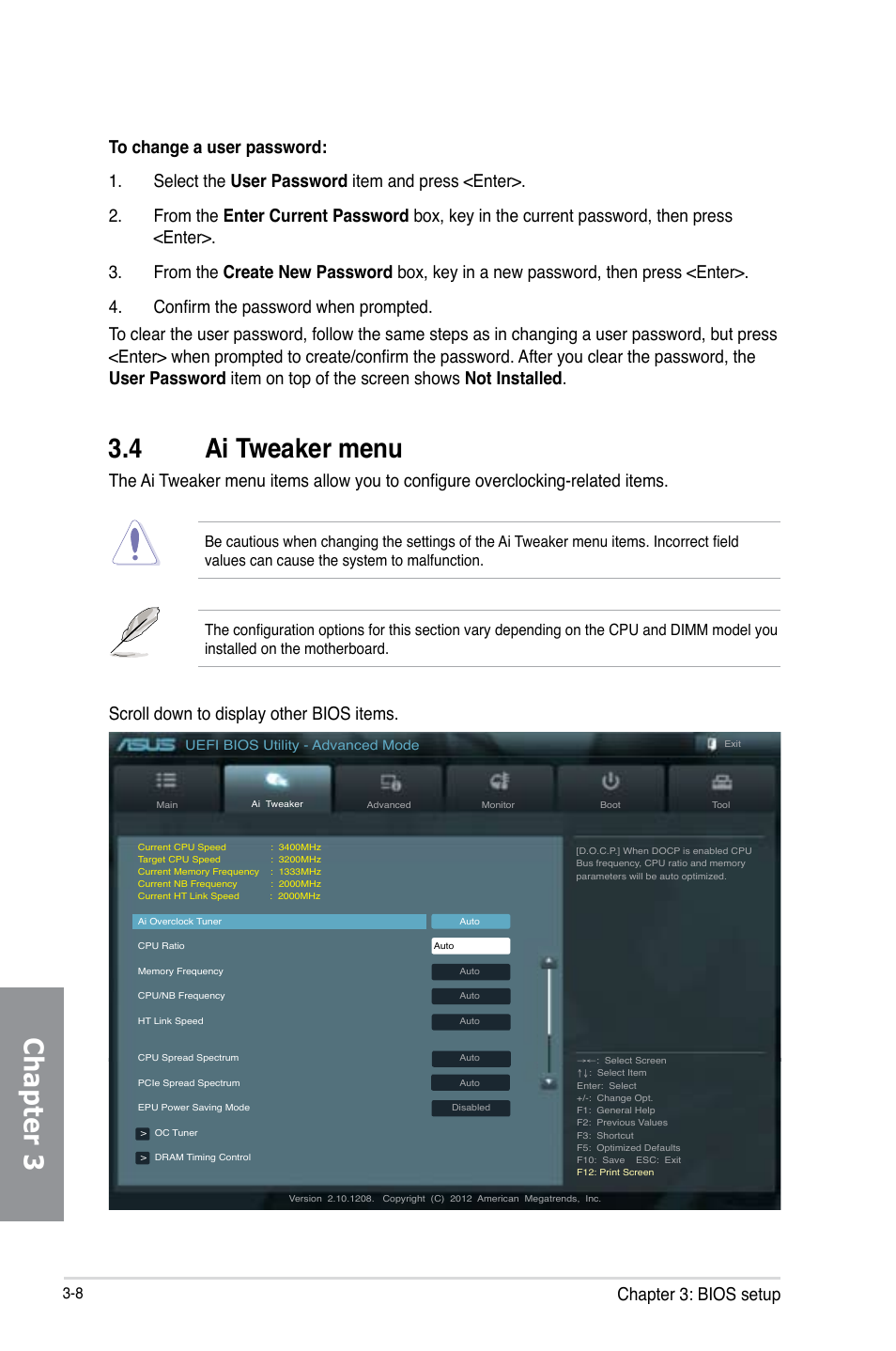 4 ai tweaker menu, Ai tweaker menu -8, Chapter 3 | Chapter 3: bios setup, Scroll down to display other bios items | Asus SABERTOOTH 990FX R2.0 User Manual | Page 78 / 180