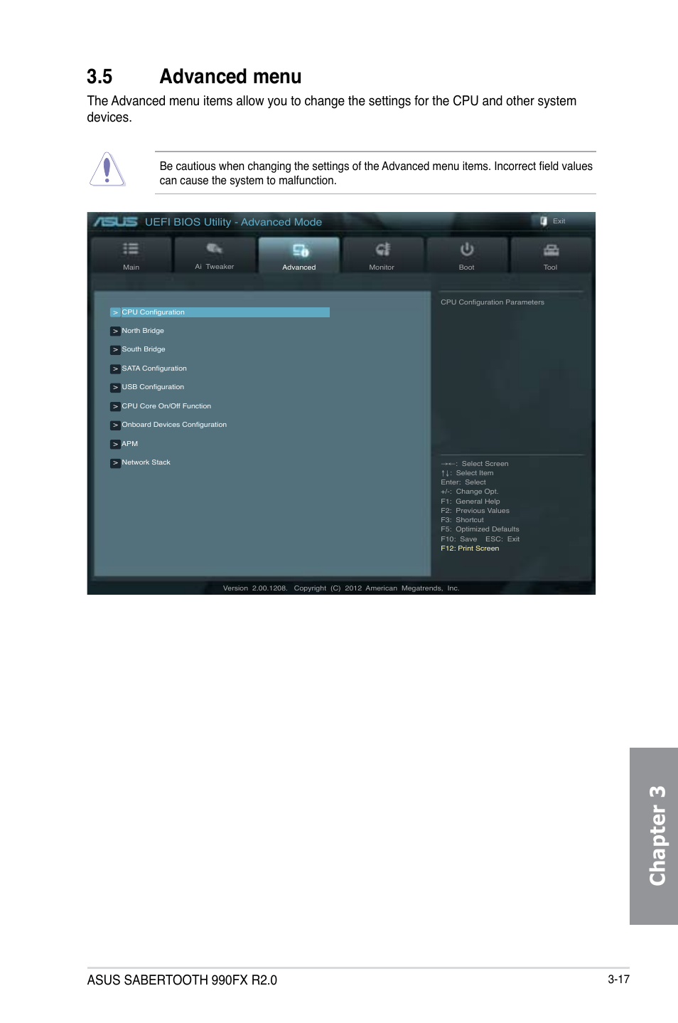 5 advanced menu, Advanced menu -17, Chapter 3 3.5 advanced menu | Asus SABERTOOTH 990FX R2.0 User Manual | Page 87 / 180