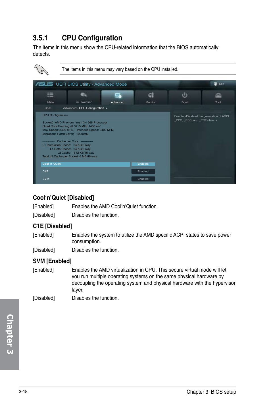 1 cpu configuration, Cpu configuration -18, Chapter 3 | Cool‘n’quiet [disabled, C1e [disabled, Svm [enabled, Chapter 3: bios setup | Asus SABERTOOTH 990FX R2.0 User Manual | Page 88 / 180