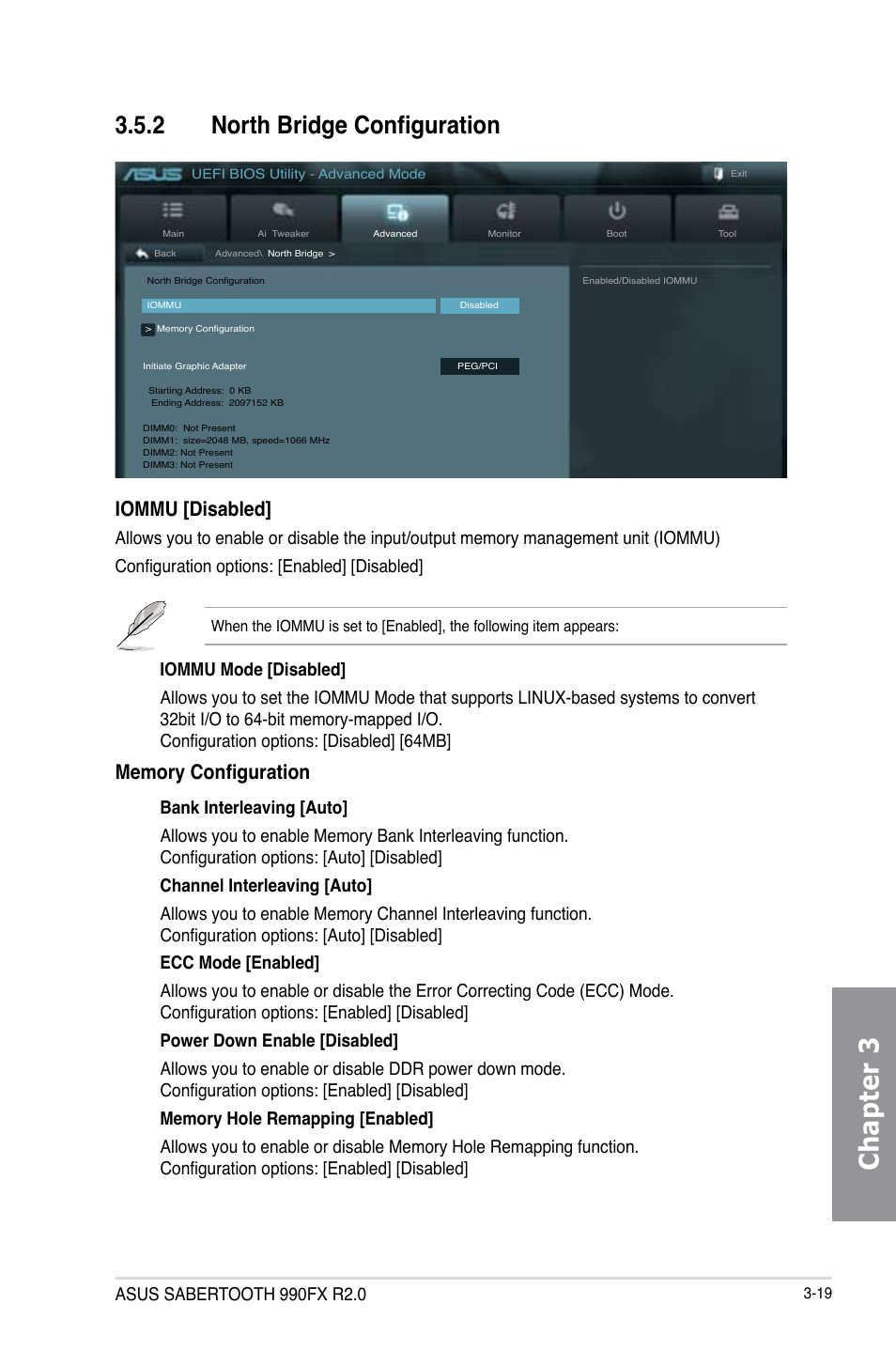 2 north bridge configuration, North bridge configuration -19, Chapter 3 | Iommu [disabled | Asus SABERTOOTH 990FX R2.0 User Manual | Page 89 / 180