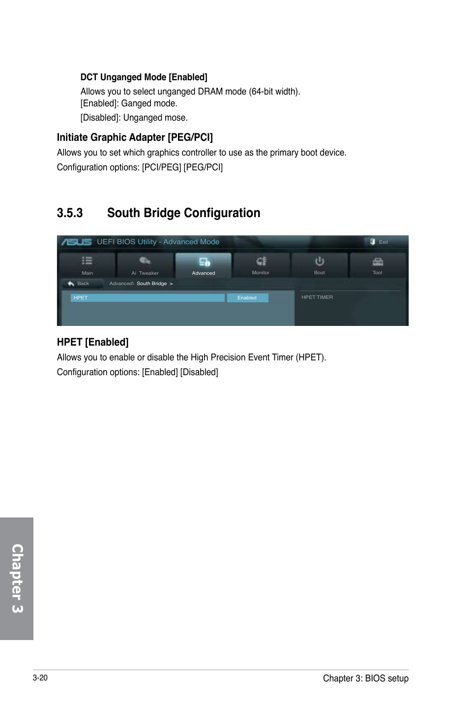 3 south bridge configuration, South bridge configuration -20, Chapter 3 | Initiate graphic adapter [peg/pci, Hpet [enabled, Chapter 3: bios setup | Asus SABERTOOTH 990FX R2.0 User Manual | Page 90 / 180
