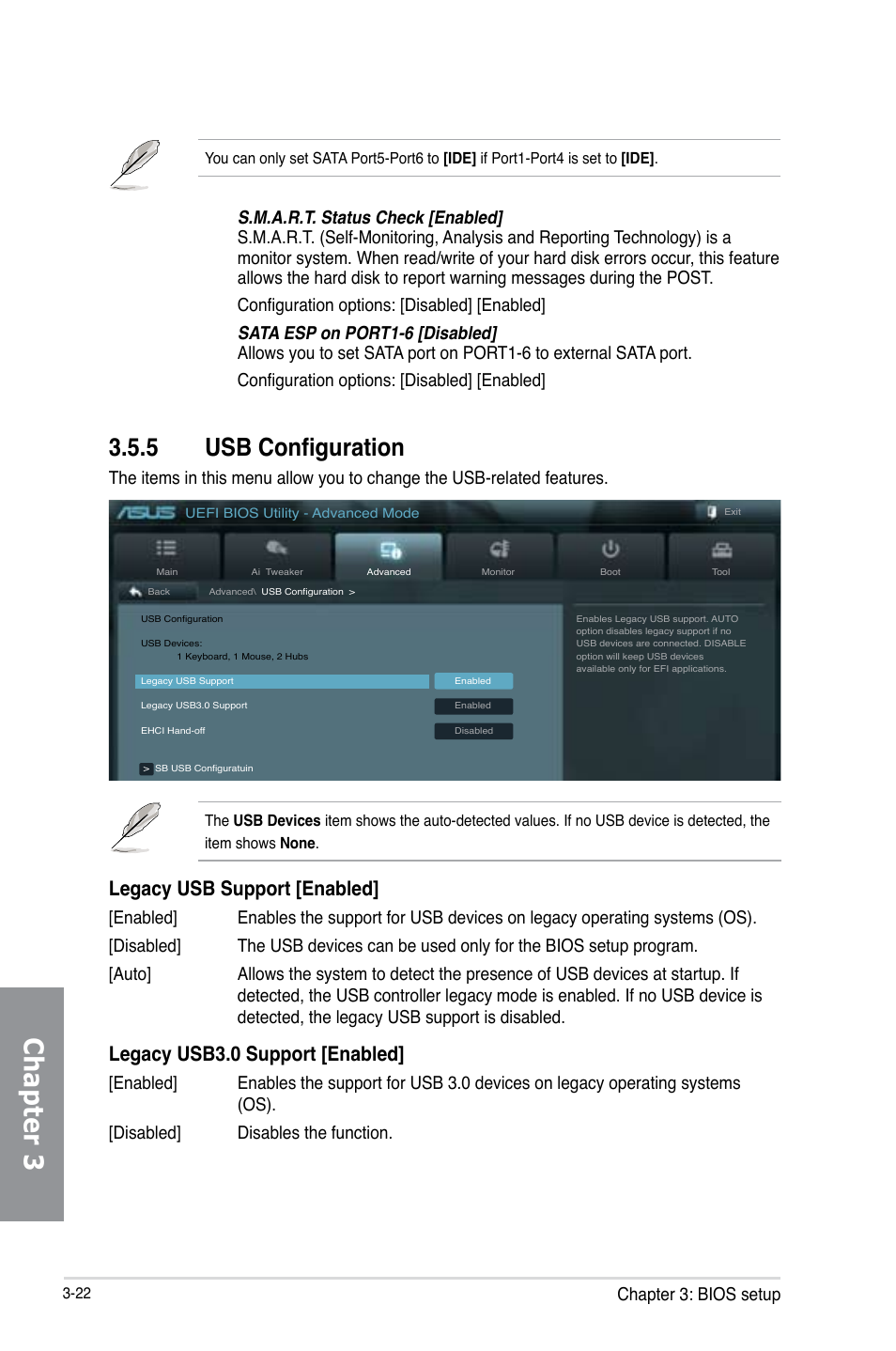5 usb configuration, Usb configuration -22, Chapter 3 | Legacy usb support [enabled, Legacy usb3.0 support [enabled, Chapter 3: bios setup | Asus SABERTOOTH 990FX R2.0 User Manual | Page 92 / 180