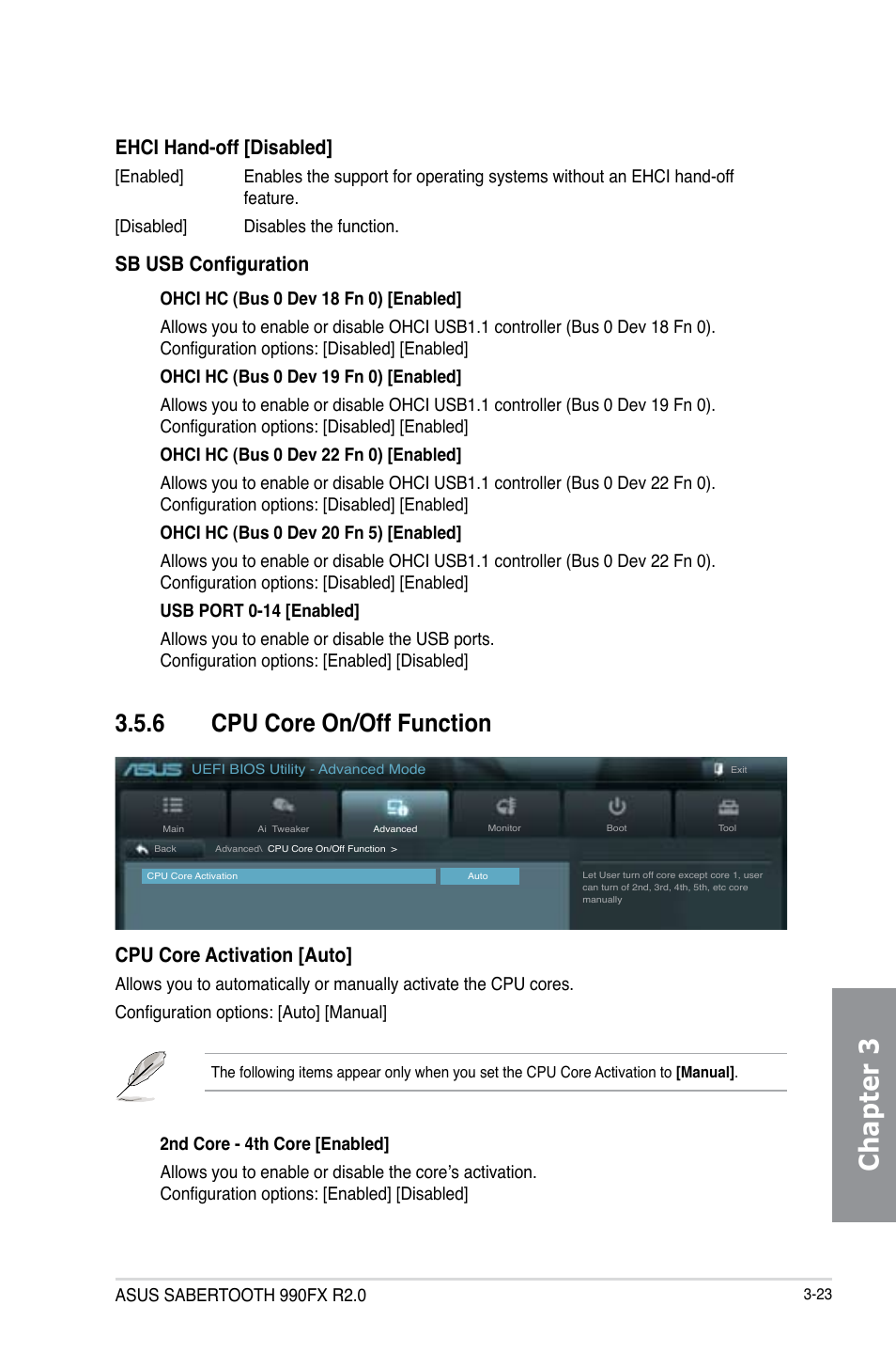 6 cpu core on/off function, Cpu core on/off function -23, Chapter 3 | Ehci hand-off [disabled, Sb usb configuration, Cpu core activation [auto | Asus SABERTOOTH 990FX R2.0 User Manual | Page 93 / 180