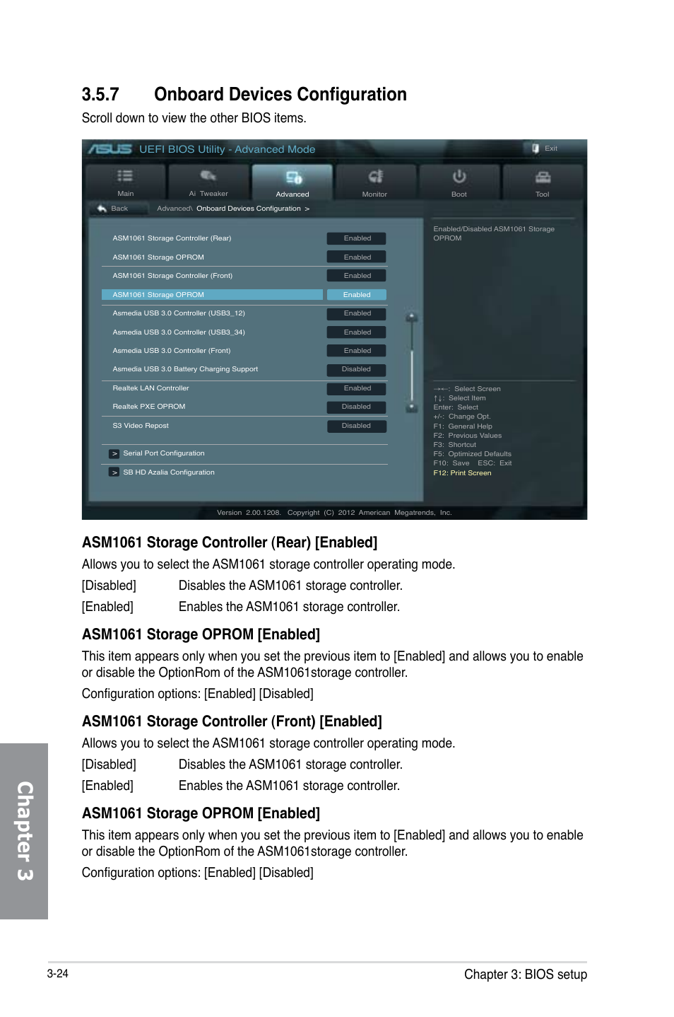 7 onboard devices configuration, Onboard devices configuration -24, Chapter 3 | Asm1061 storage controller (rear) [enabled, Asm1061 storage oprom [enabled, Asm1061 storage controller (front) [enabled, Chapter 3: bios setup, Scroll down to view the other bios items | Asus SABERTOOTH 990FX R2.0 User Manual | Page 94 / 180