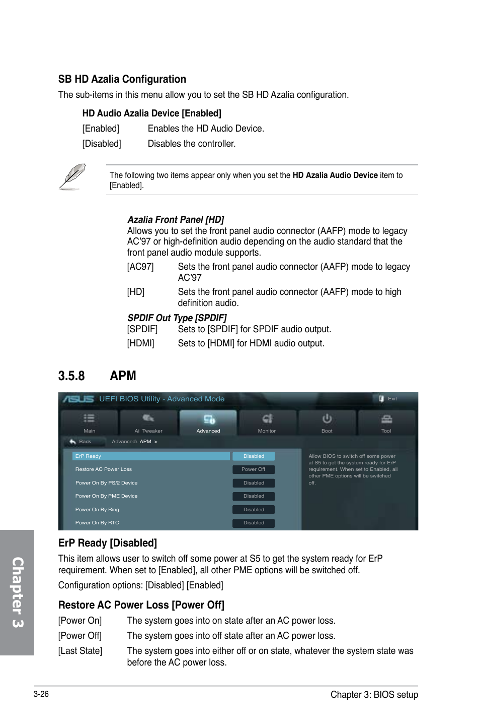 8 apm, Apm -26, Chapter 3 | Sb hd azalia configuration, Erp ready [disabled, Restore ac power loss [power off, Chapter 3: bios setup | Asus SABERTOOTH 990FX R2.0 User Manual | Page 96 / 180