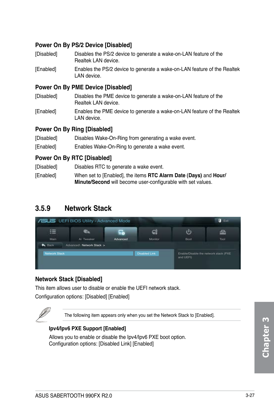 9 network stack, Network stack -27, Chapter 3 | Power on by ps/2 device [disabled, Power on by pme device [disabled, Power on by ring [disabled, Power on by rtc [disabled, Network stack [disabled | Asus SABERTOOTH 990FX R2.0 User Manual | Page 97 / 180