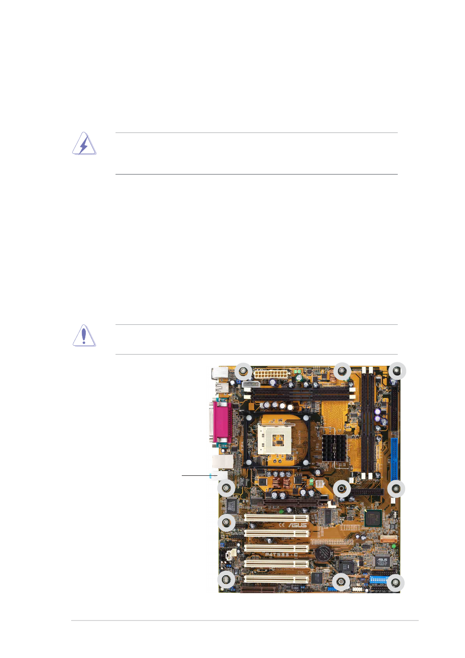 1 motherboard installation, 1 placement direction, 2 screw holes | Asus P4T533-C User Manual | Page 21 / 112