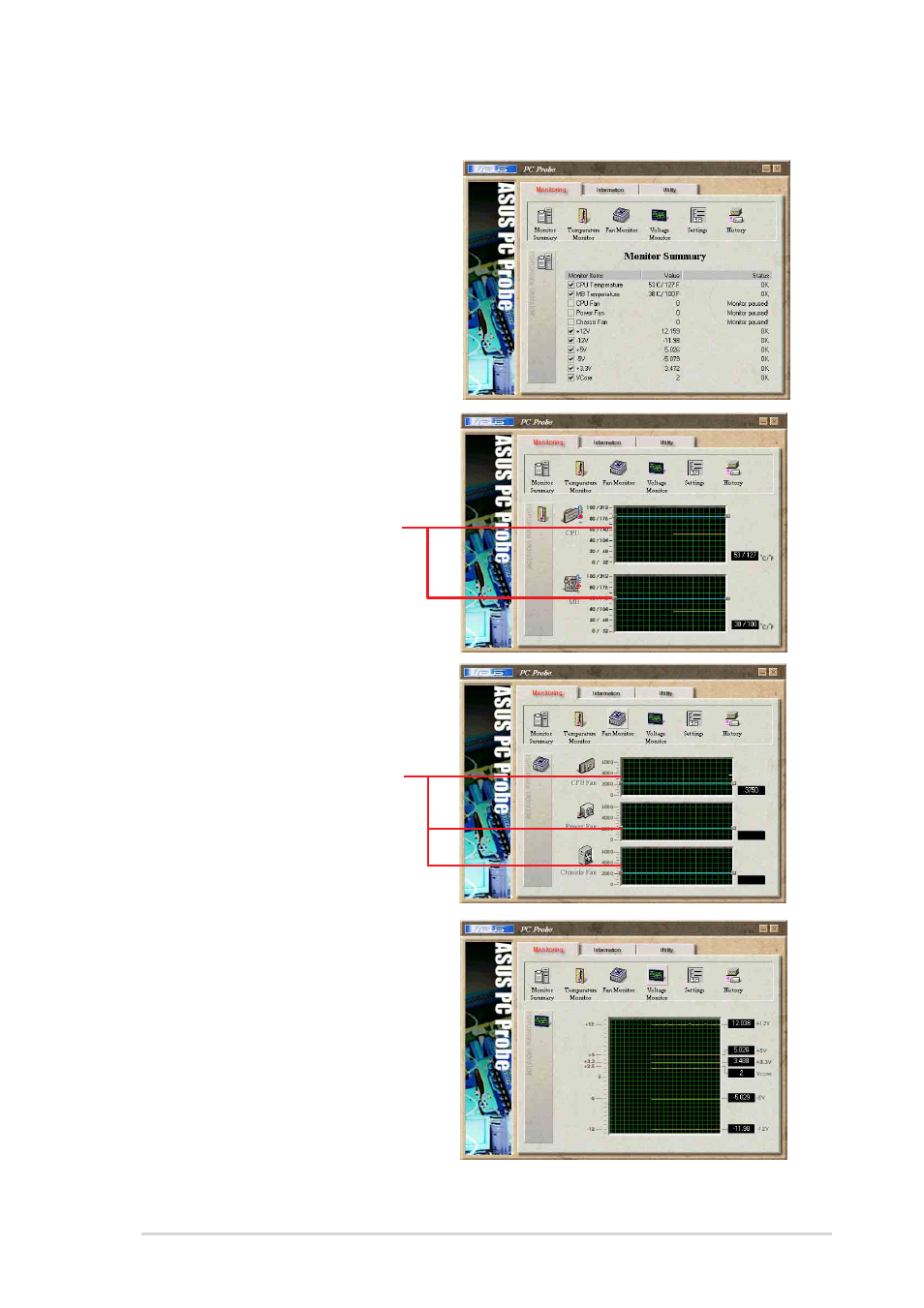 2 using asus pc probe, Monitoring | Asus P4T533-C User Manual | Page 89 / 112