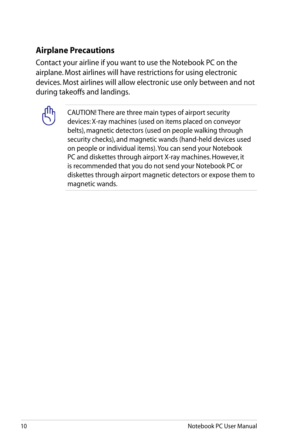 Airplane precautions | Asus X84HR User Manual | Page 10 / 113