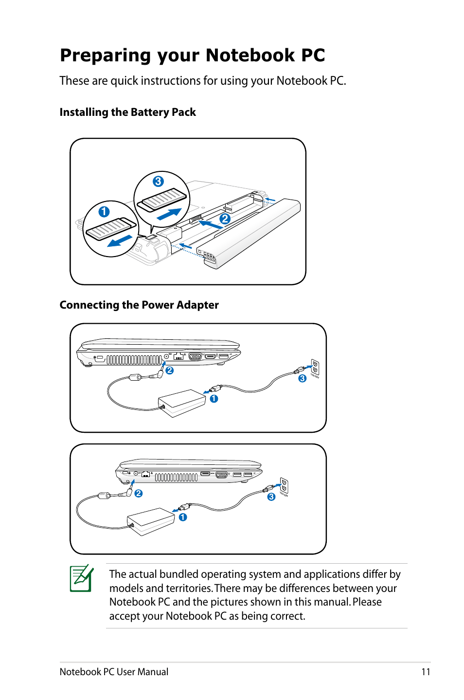 Preparing your notebook pc | Asus X84HR User Manual | Page 11 / 113