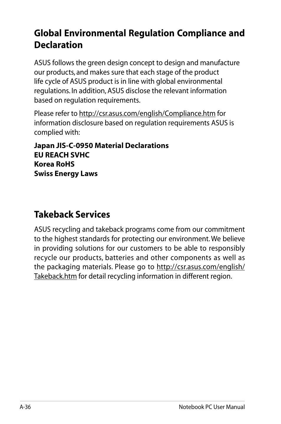 Takeback services | Asus X84HR User Manual | Page 111 / 113