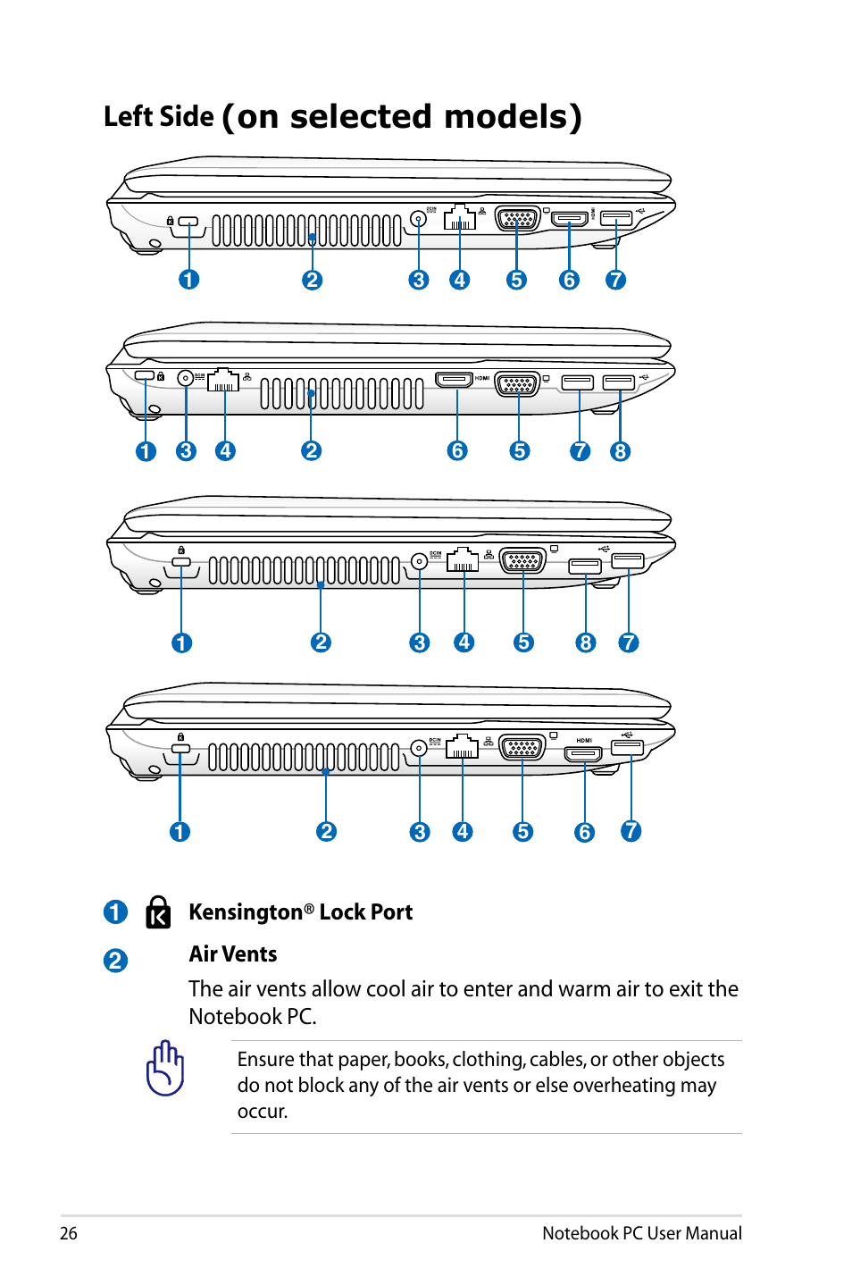 Left side (on selected models), On selected models), Left side | Asus X84HR User Manual | Page 26 / 113
