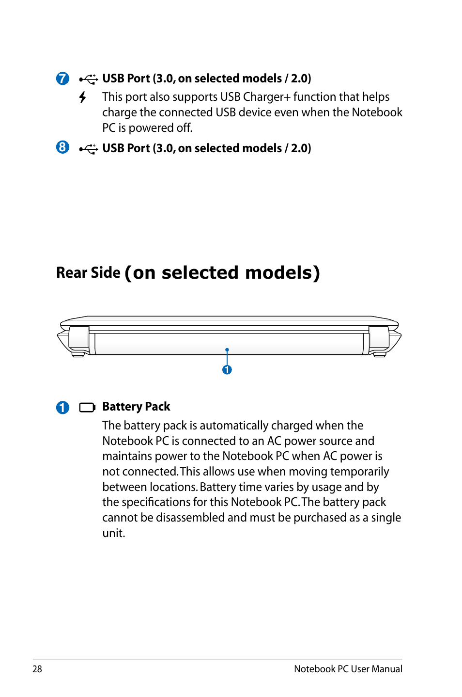 Rear side (on selected models), On selected models), Rear side | Asus X84HR User Manual | Page 28 / 113