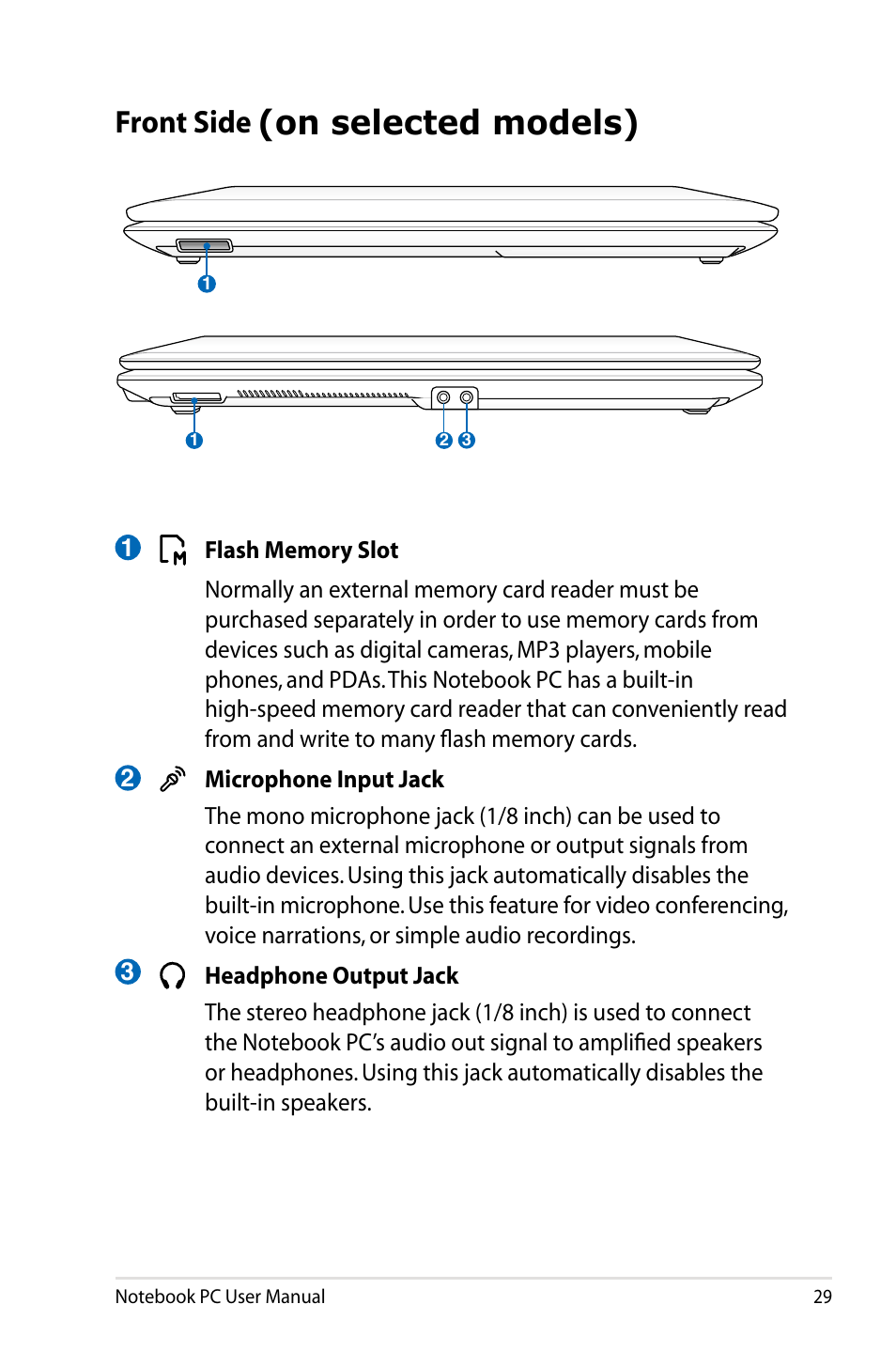 Front side (on selected models), On selected models), Front side | Asus X84HR User Manual | Page 29 / 113