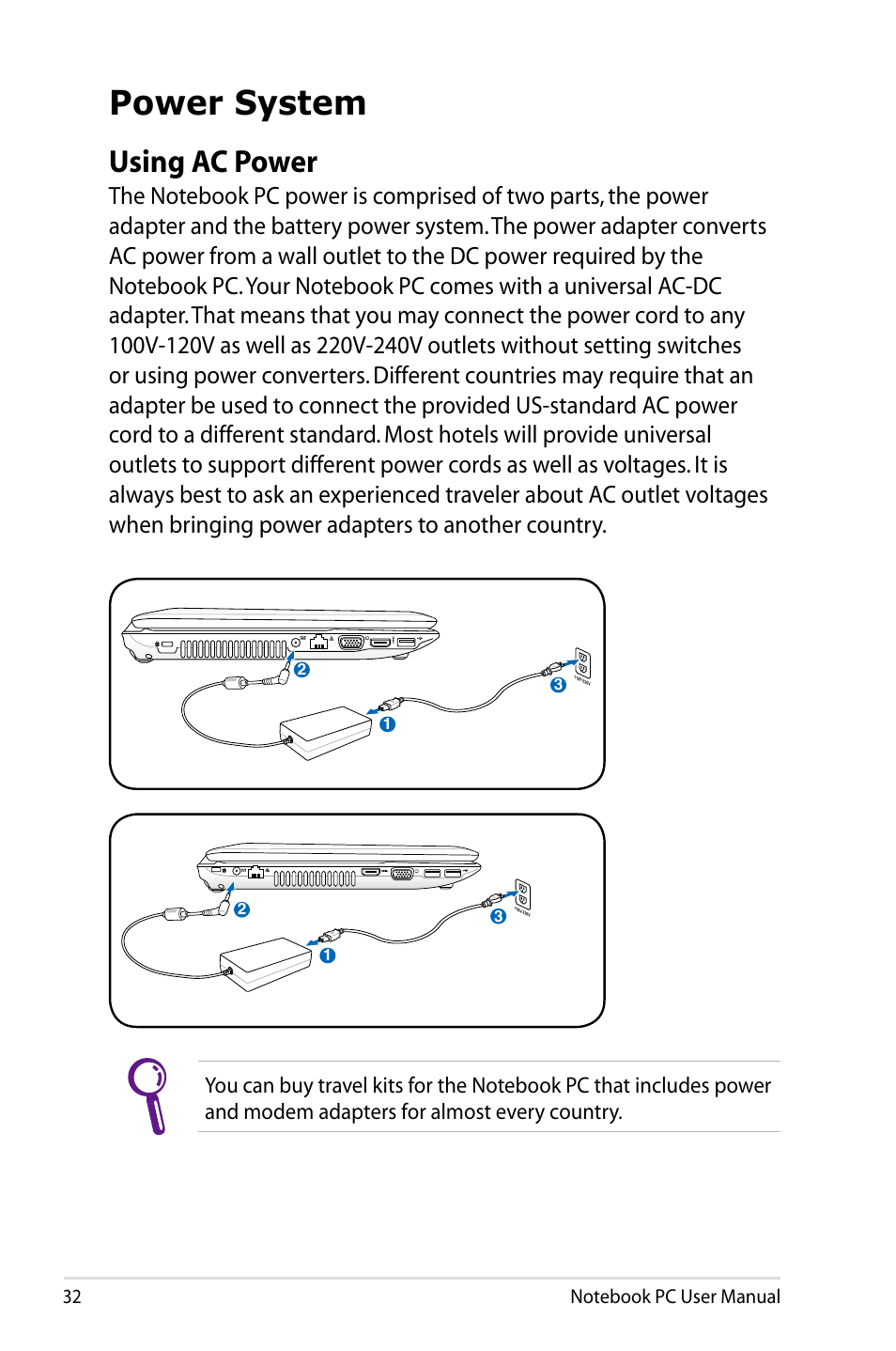 Power system, Using ac power | Asus X84HR User Manual | Page 32 / 113