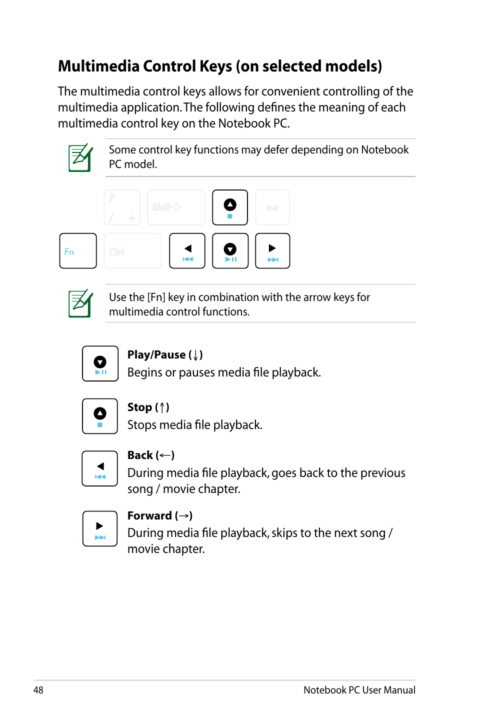 Multimedia control keys (on selected models) | Asus X84HR User Manual | Page 48 / 113