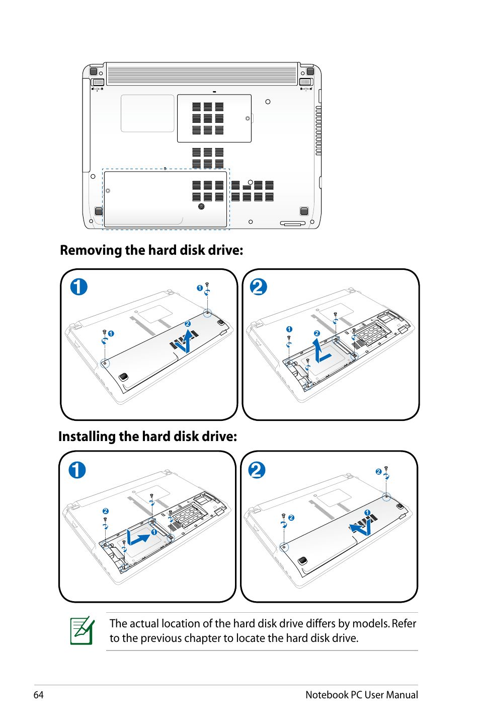 Removing the hard disk drive, Installing the hard disk drive | Asus X84HR User Manual | Page 64 / 113