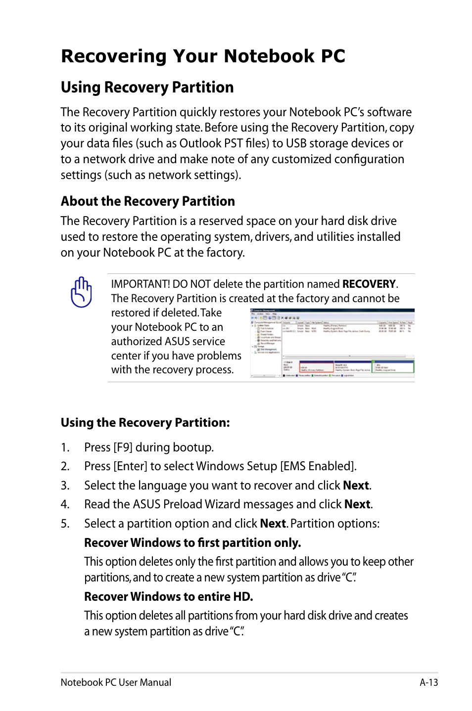 Recovering your notebook pc, Using recovery partition | Asus X84HR User Manual | Page 88 / 113