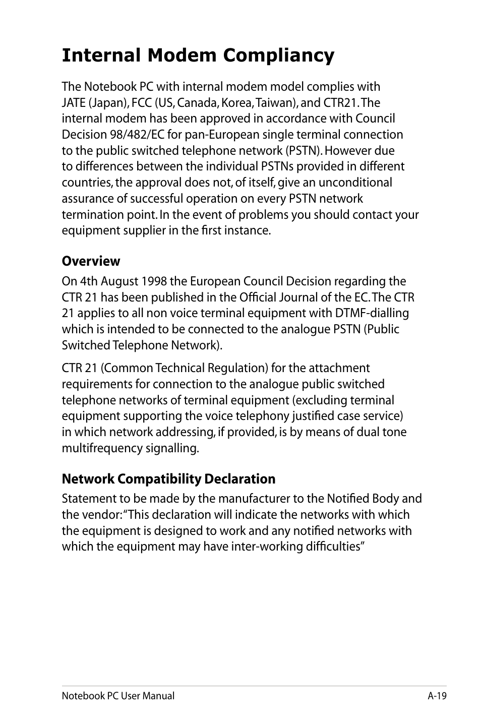 Internal modem compliancy | Asus X84HR User Manual | Page 94 / 113