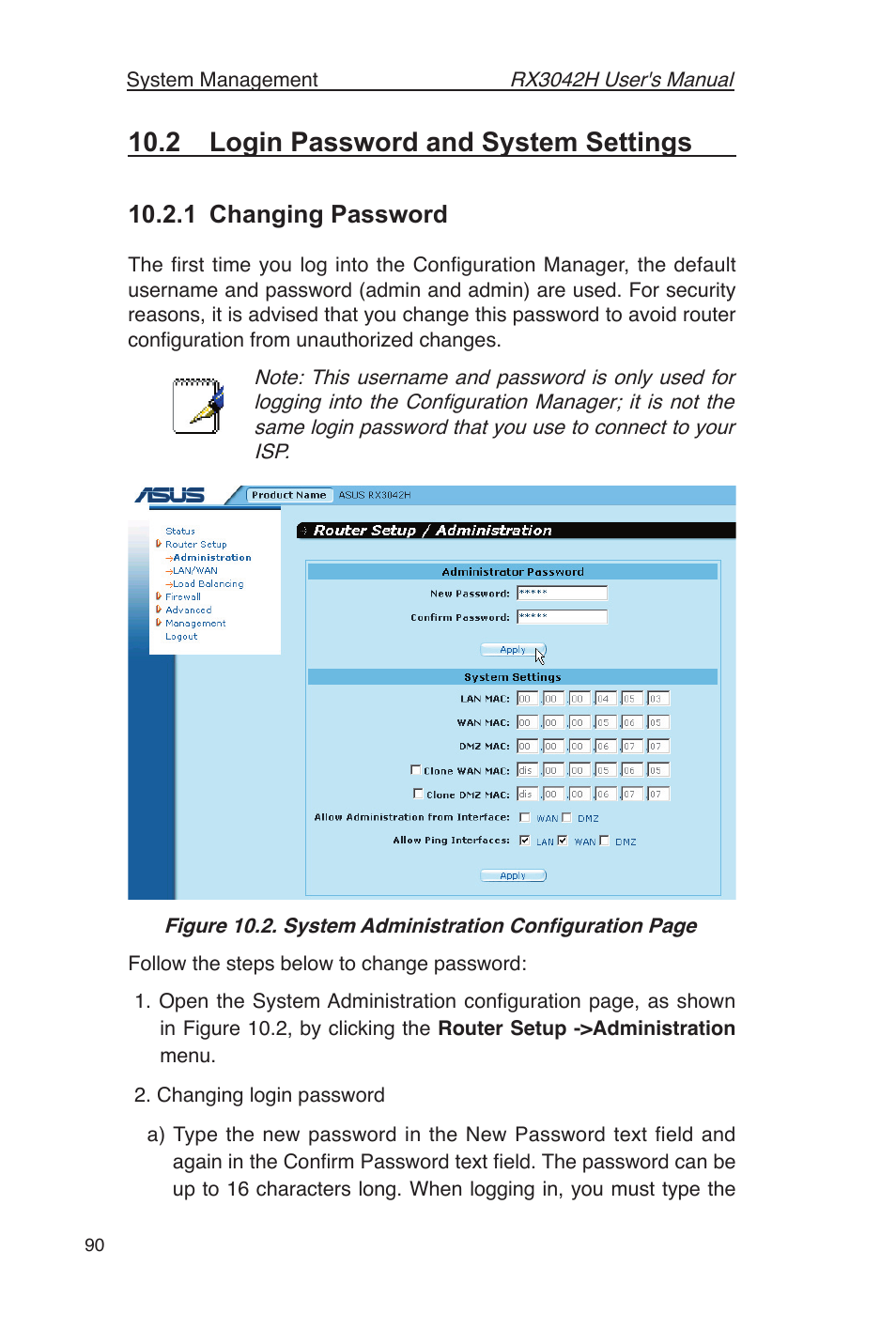 2 login password and system settings, 1 changing password | Asus RX3042H User Manual | Page 102 / 129