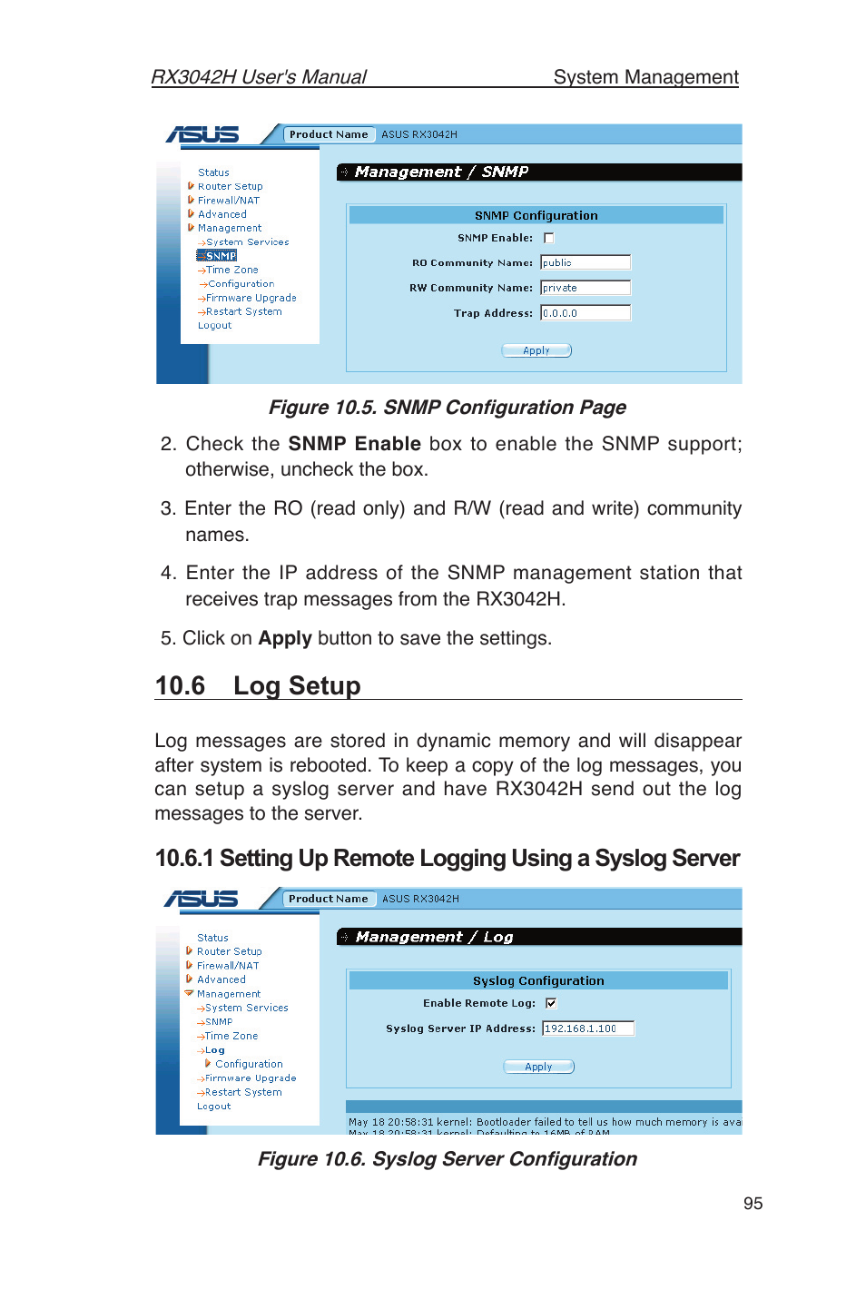 6 log setup, 1 setting up remote logging using a syslog server | Asus RX3042H User Manual | Page 107 / 129