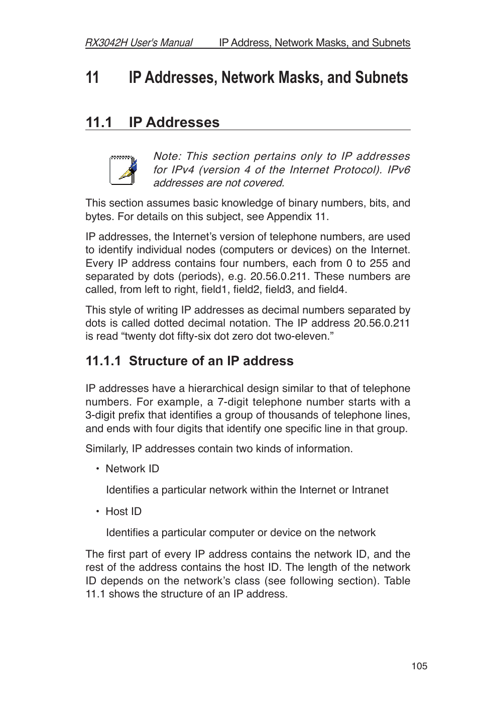 11 ip addresses, network masks, and subnets, 1 ip addresses, 1 structure of an ip address | Asus RX3042H User Manual | Page 117 / 129