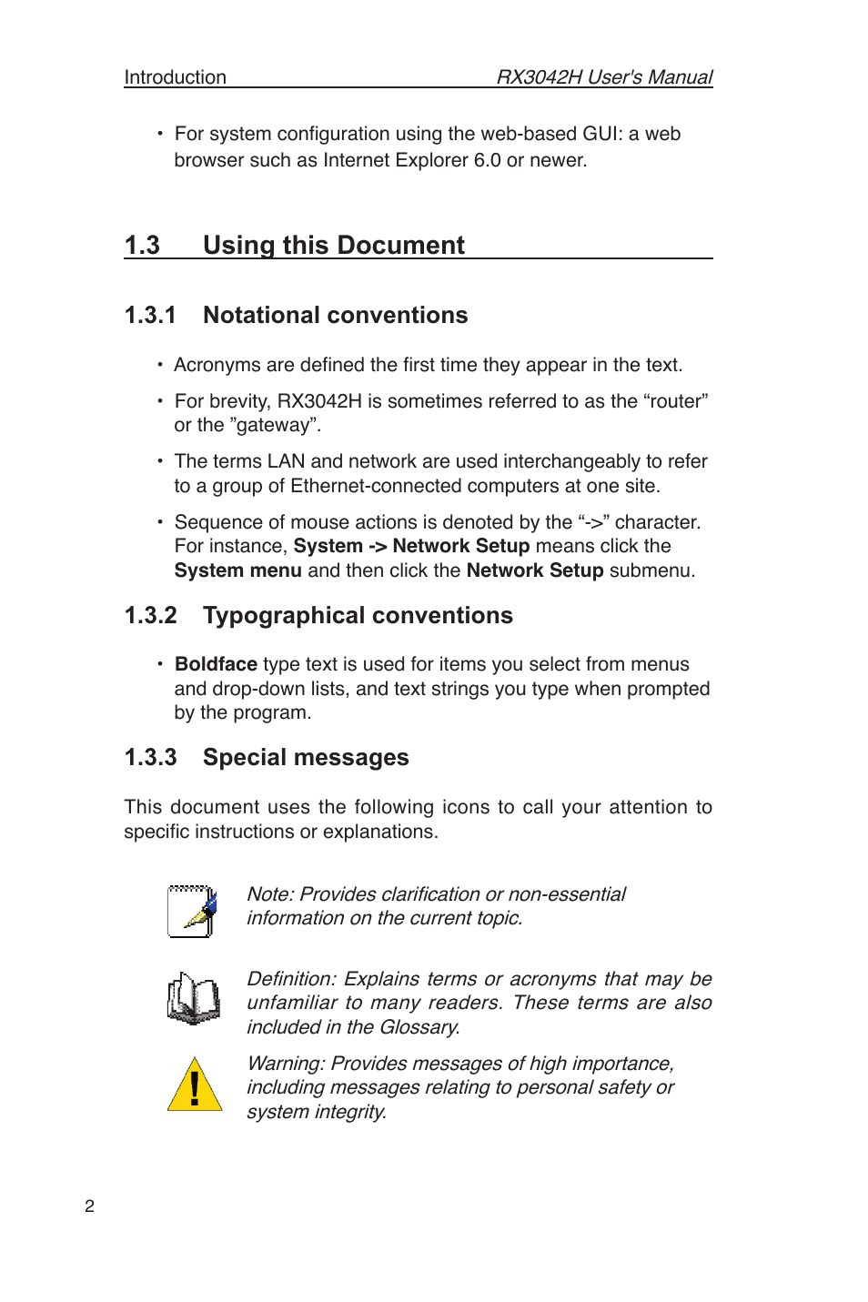 3 using this document, 1 notational conventions, 2 typographical conventions | 3 special messages | Asus RX3042H User Manual | Page 14 / 129