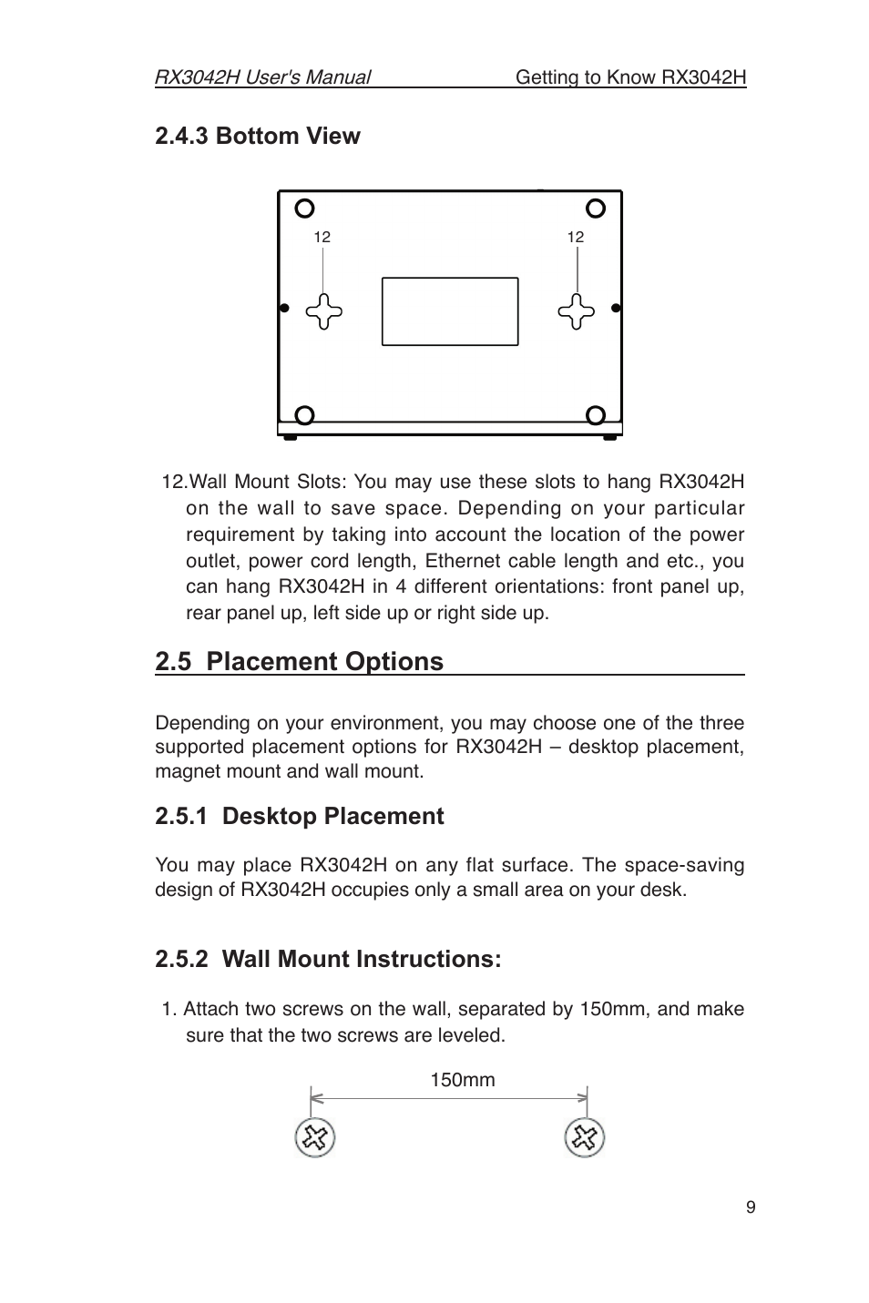 5 placement options, 3 bottom view, 1 desktop placement | 2 wall mount instructions | Asus RX3042H User Manual | Page 21 / 129