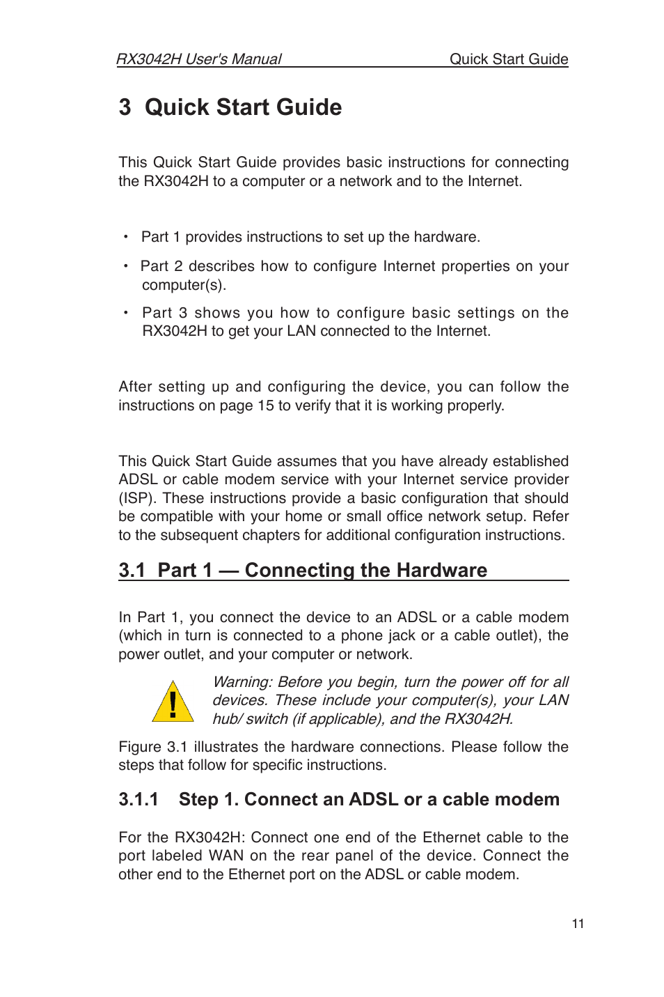3 quick start guide, 1 part 1 — connecting the hardware, 1 step 1. connect an adsl or a cable modem | Asus RX3042H User Manual | Page 23 / 129