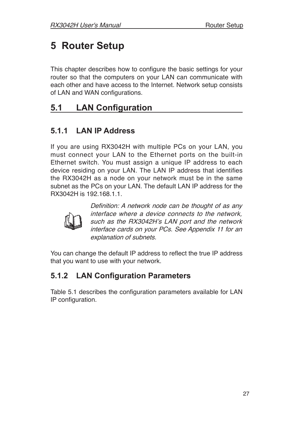 5 router setup, 1 lan conﬁguration, 1 lan ip address | 2 lan conﬁguration parameters | Asus RX3042H User Manual | Page 39 / 129