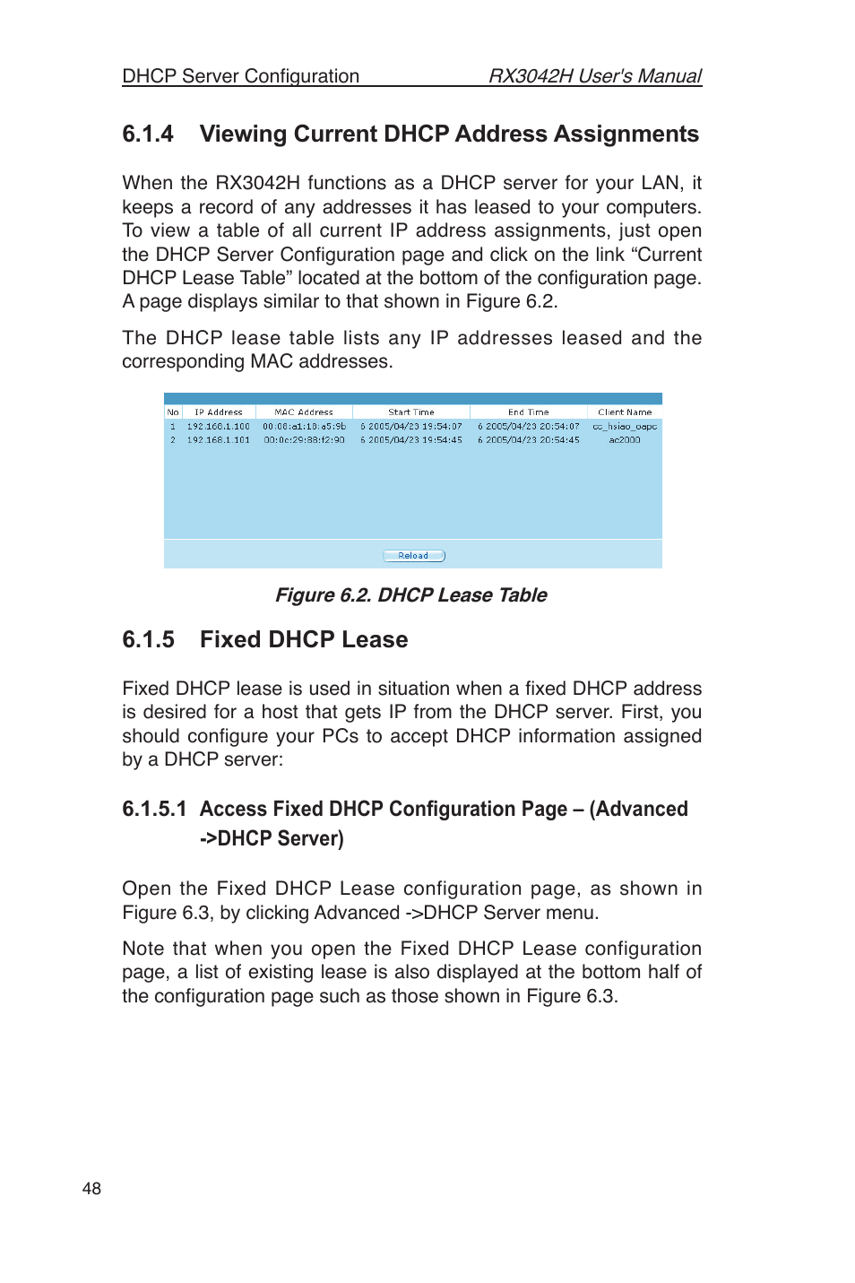 4 viewing current dhcp address assignments, 5 fixed dhcp lease | Asus RX3042H User Manual | Page 60 / 129