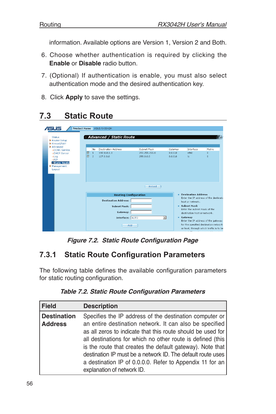 3 static route, 1 static route conﬁguration parameters | Asus RX3042H User Manual | Page 68 / 129