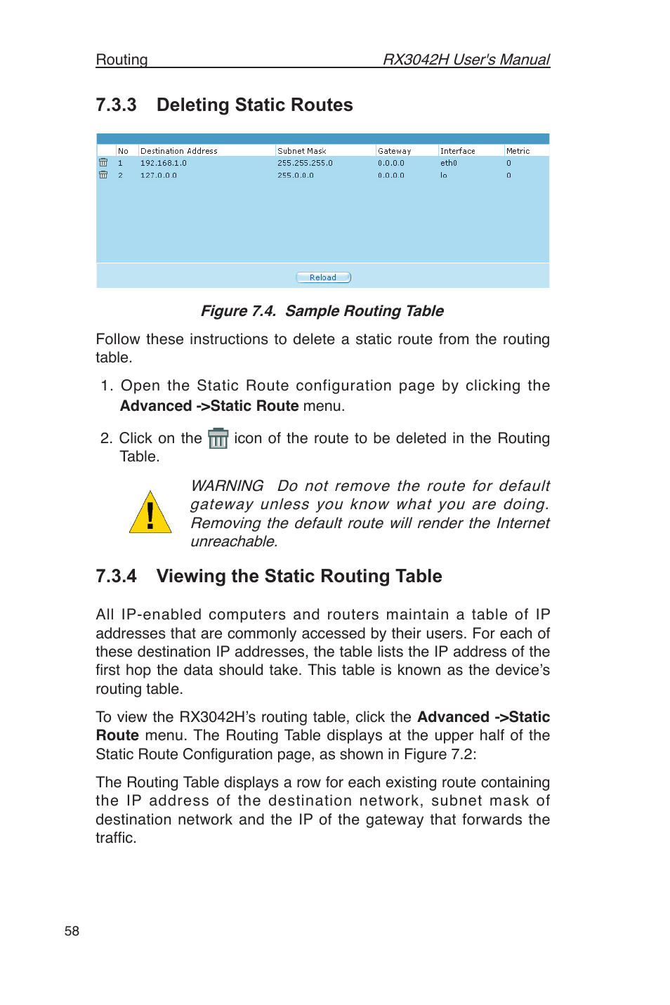 3 deleting static routes, 4 viewing the static routing table | Asus RX3042H User Manual | Page 70 / 129