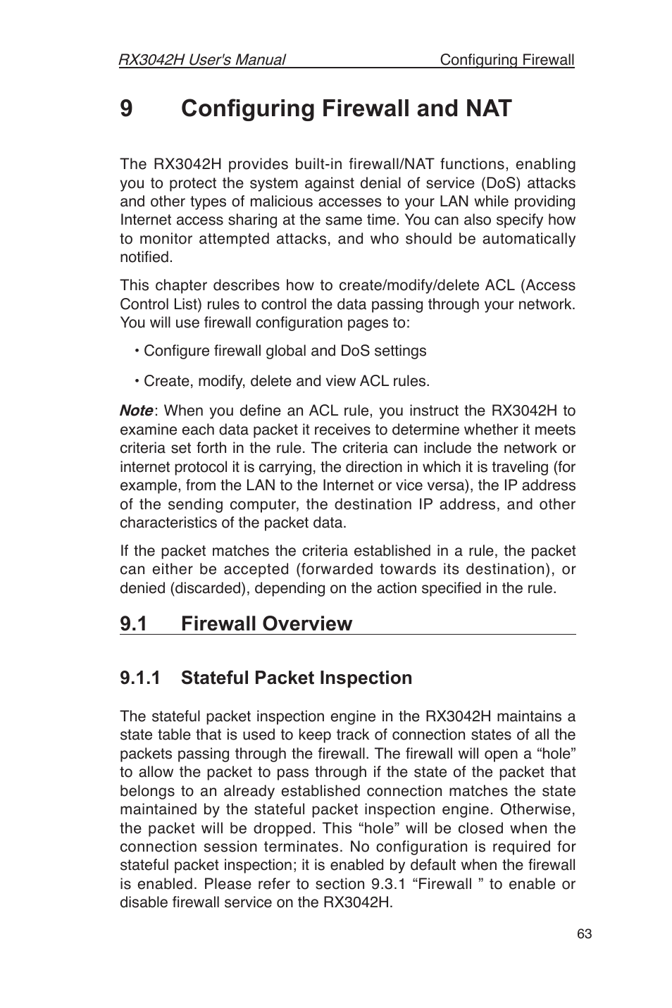 9conﬁguring firewall and nat, 1 firewall overview, 1 stateful packet inspection | Asus RX3042H User Manual | Page 75 / 129