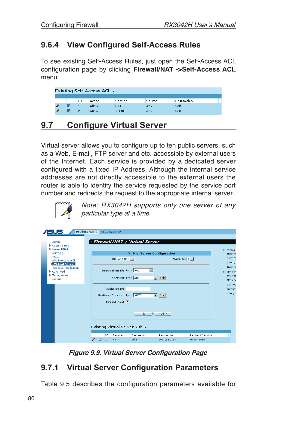 7 conﬁgure virtual server, 4 view conﬁgured self-access rules, 1 virtual server conﬁguration parameters | Asus RX3042H User Manual | Page 92 / 129