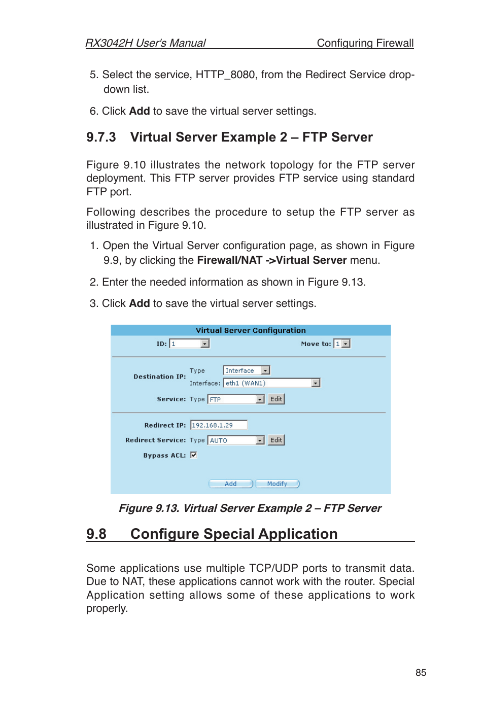 8 conﬁgure special application, 3 virtual server example 2 – ftp server | Asus RX3042H User Manual | Page 97 / 129