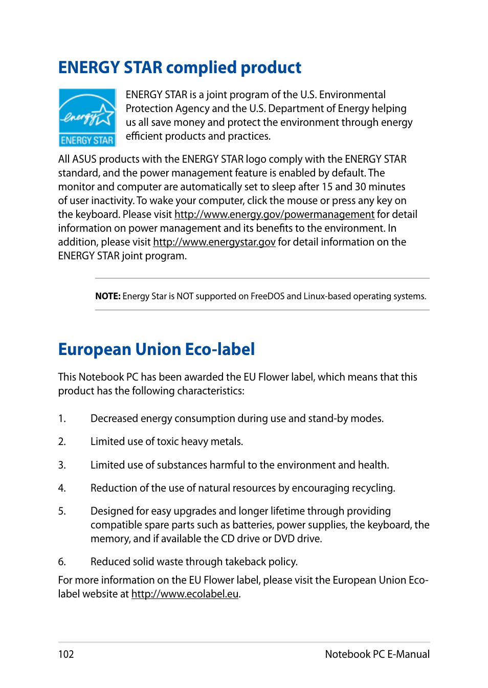 Energy star complied product, European union eco-label | Asus X751LD User Manual | Page 102 / 104