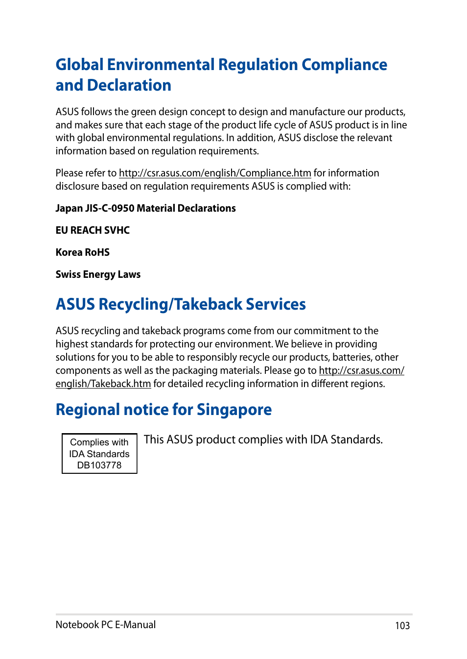 Asus recycling/takeback services, Regional notice for singapore | Asus X751LD User Manual | Page 103 / 104