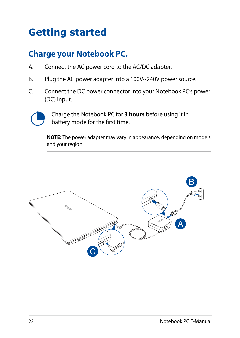 Getting started, Charge your notebook pc | Asus X751LD User Manual | Page 22 / 104