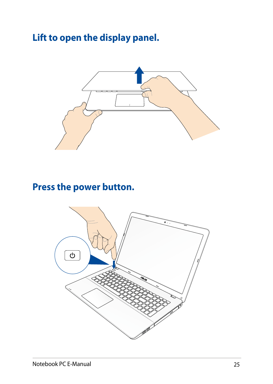 Lift to open the display panel, Press the power button | Asus X751LD User Manual | Page 25 / 104